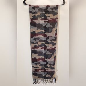 Fraas Camo Wool And Cashmere Fringe Scarf In Burgundy Beige Gray - NWT